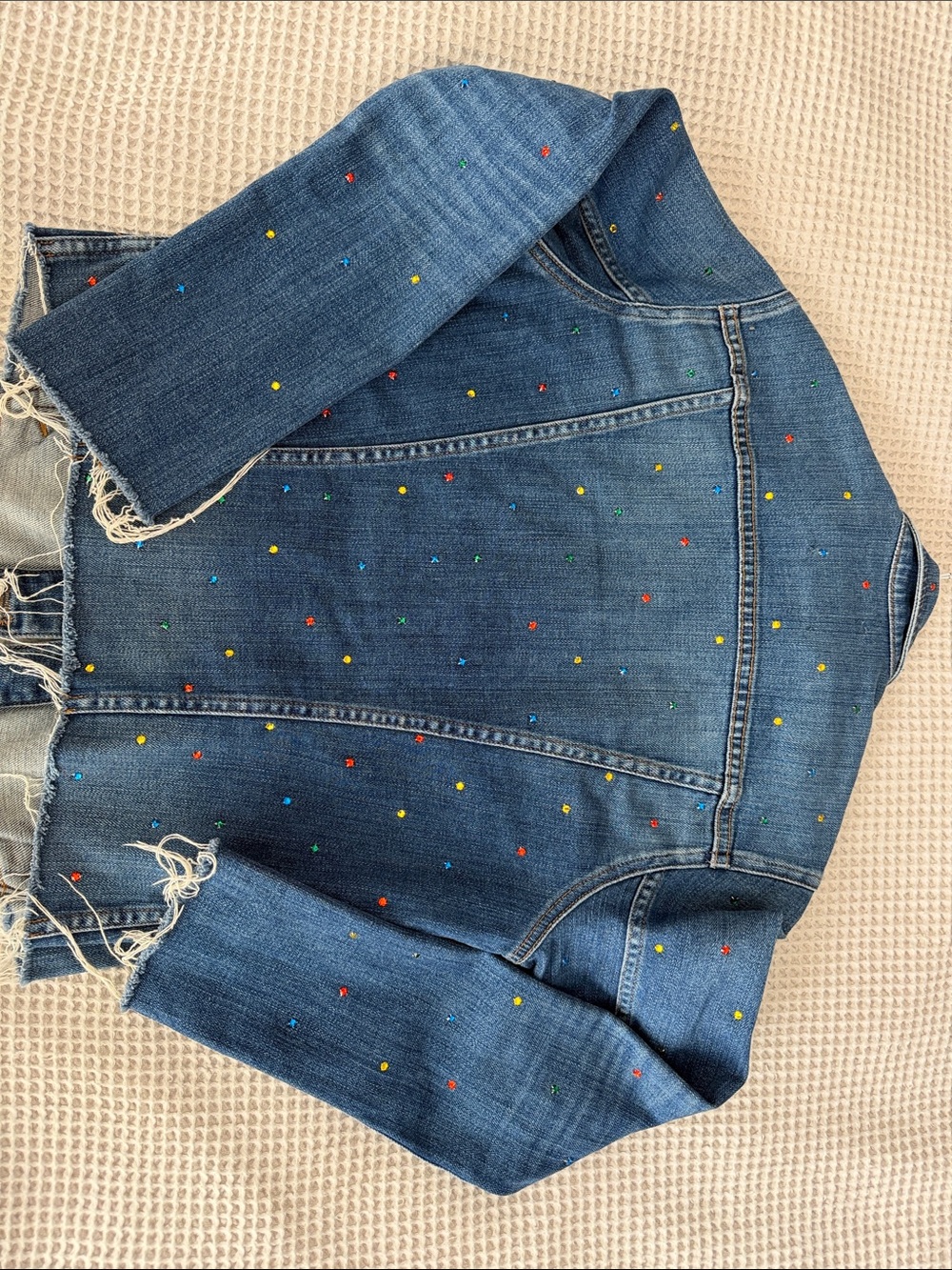 L'AGENCE Janel Blue Denim Jacket with Multicolor Stud Dots - Picture 5 of 6